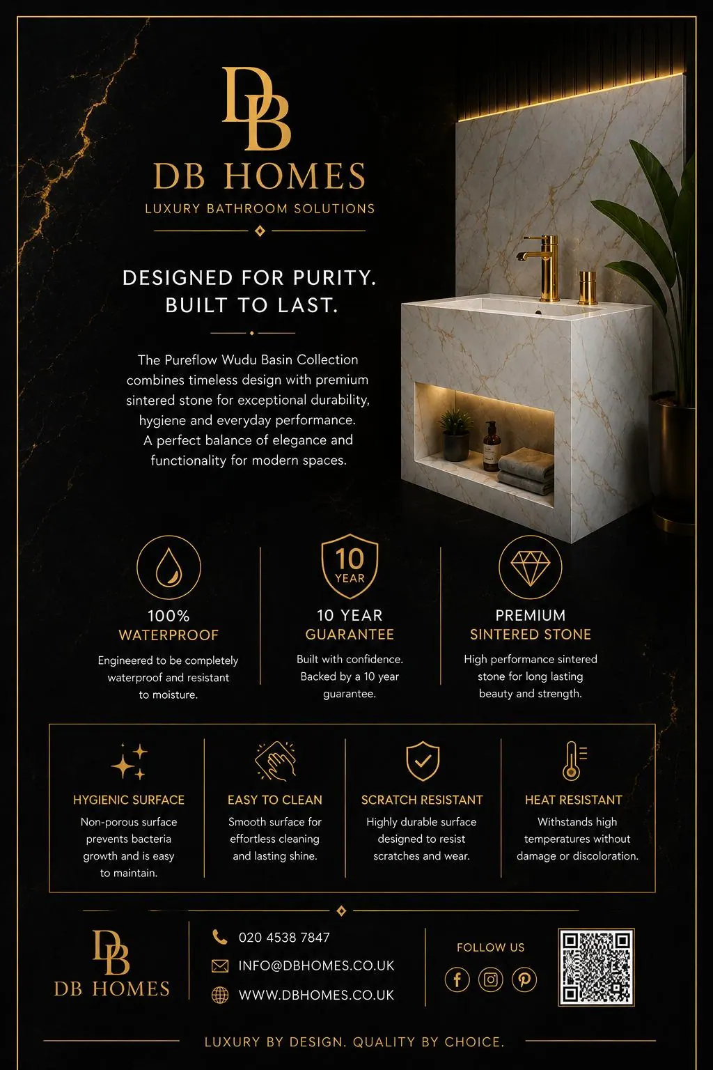 DB Homés Pureflow Wudu Basin Collection brochure page listing 100% waterproof, 10 year guarantee and premium sintered stone