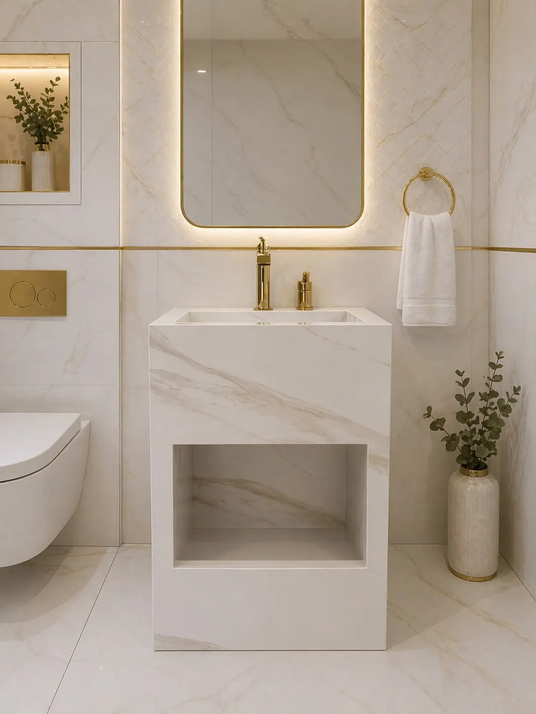 Luxury cloakroom fitted with a DB Homés marble effect vanity unit and gold brassware