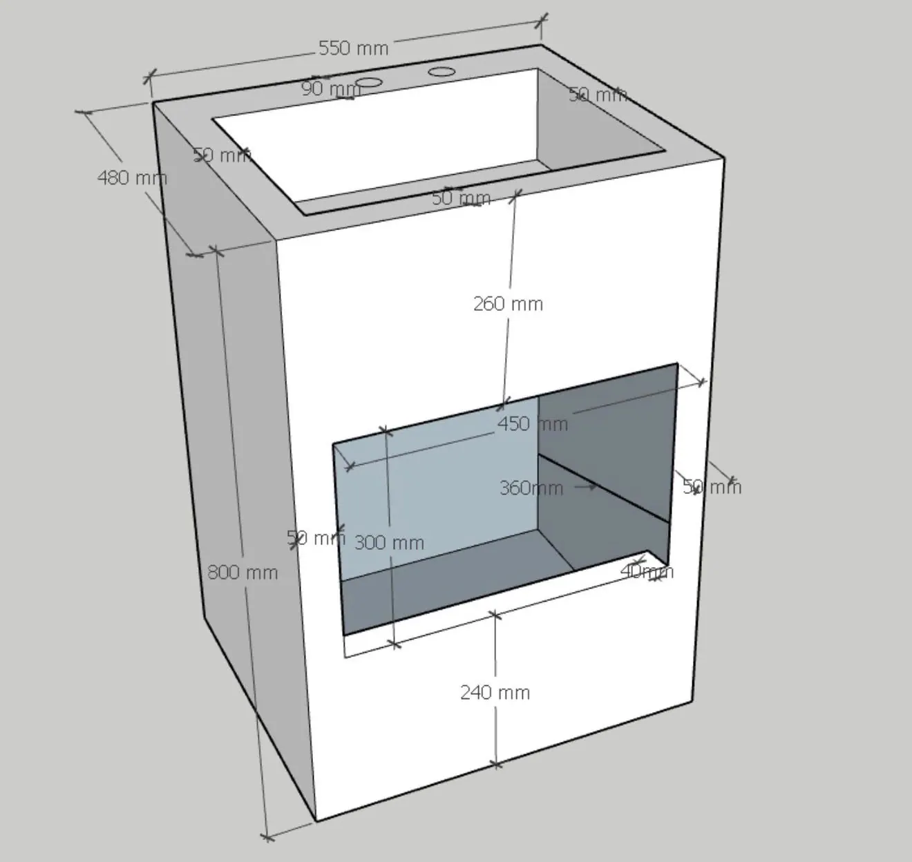 Technical drawing of the DB Homés Prime vanity unit showing 550 mm width, 480 mm depth, 800 mm height, 50 mm panels, a 450 × 380 mm basin aperture and a 450 × 300 mm open niche